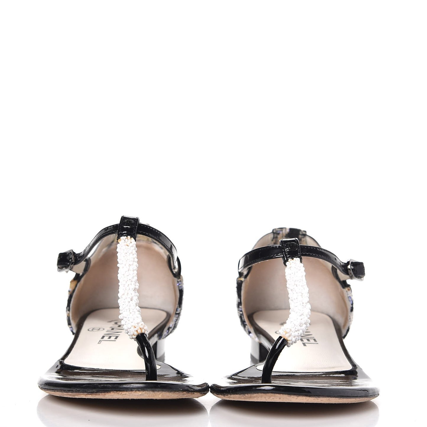 Patent Houndstooth Beaded Thong Sandals 36 Black