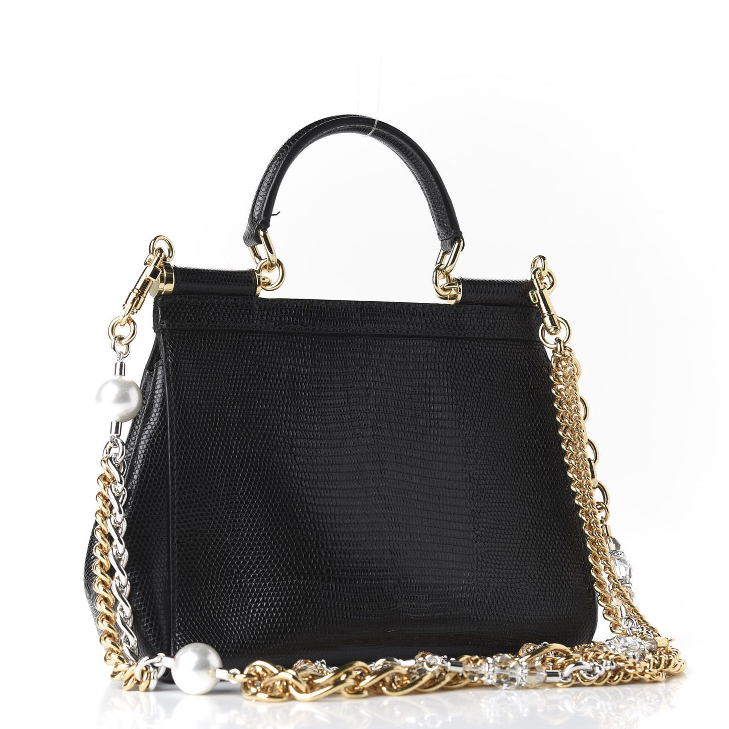 Iguana Embossed Calfskin Small Miss Sicily Chain Satchel Black