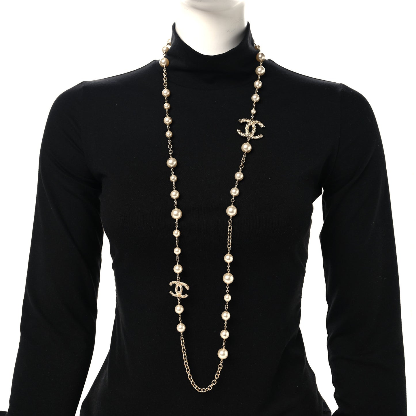 Graduated Pearl Crystal Twisted CC Long Necklace Gold