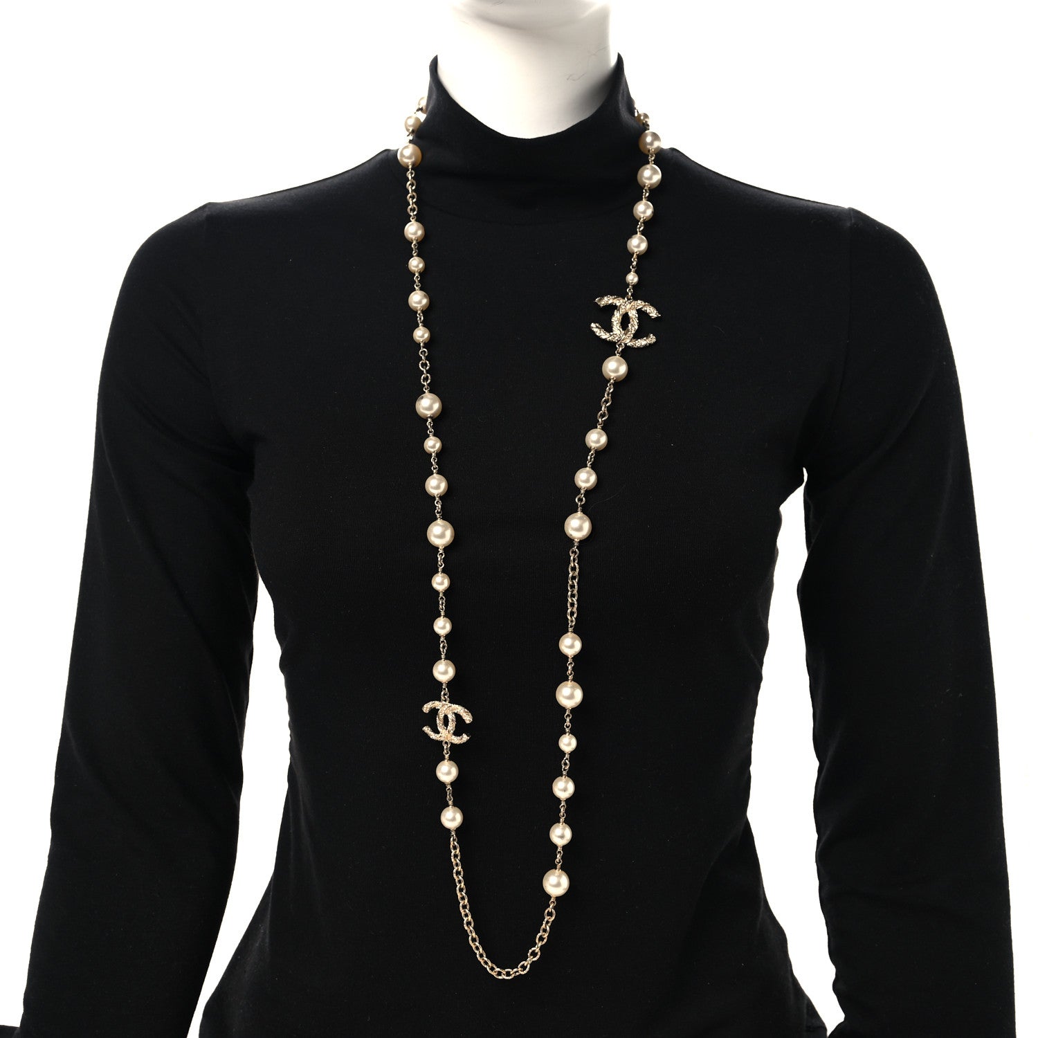 Chanel Graduated Pearl Crystal Twisted CC Long Necklace Gold 2 of 7