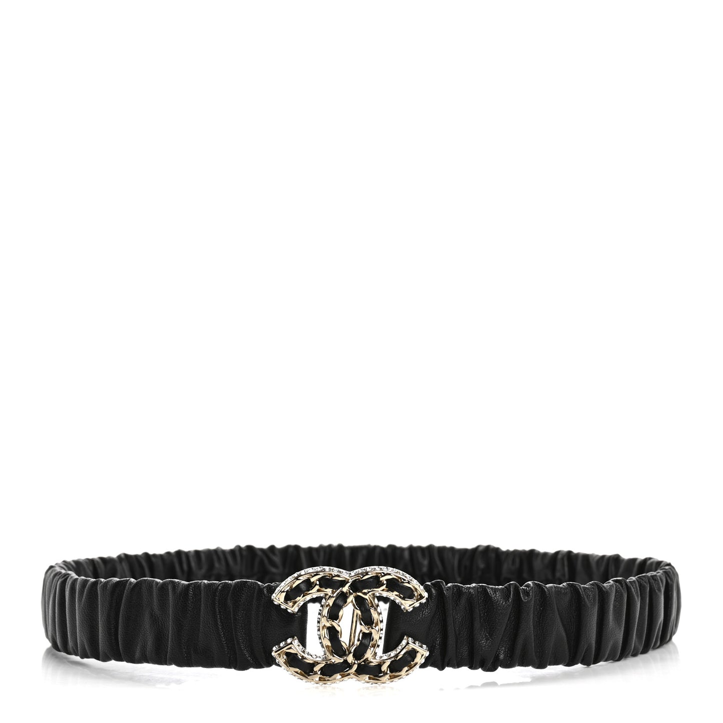 Lambskin Metal Strass Ruched Chain CC Belt 80 32 Black