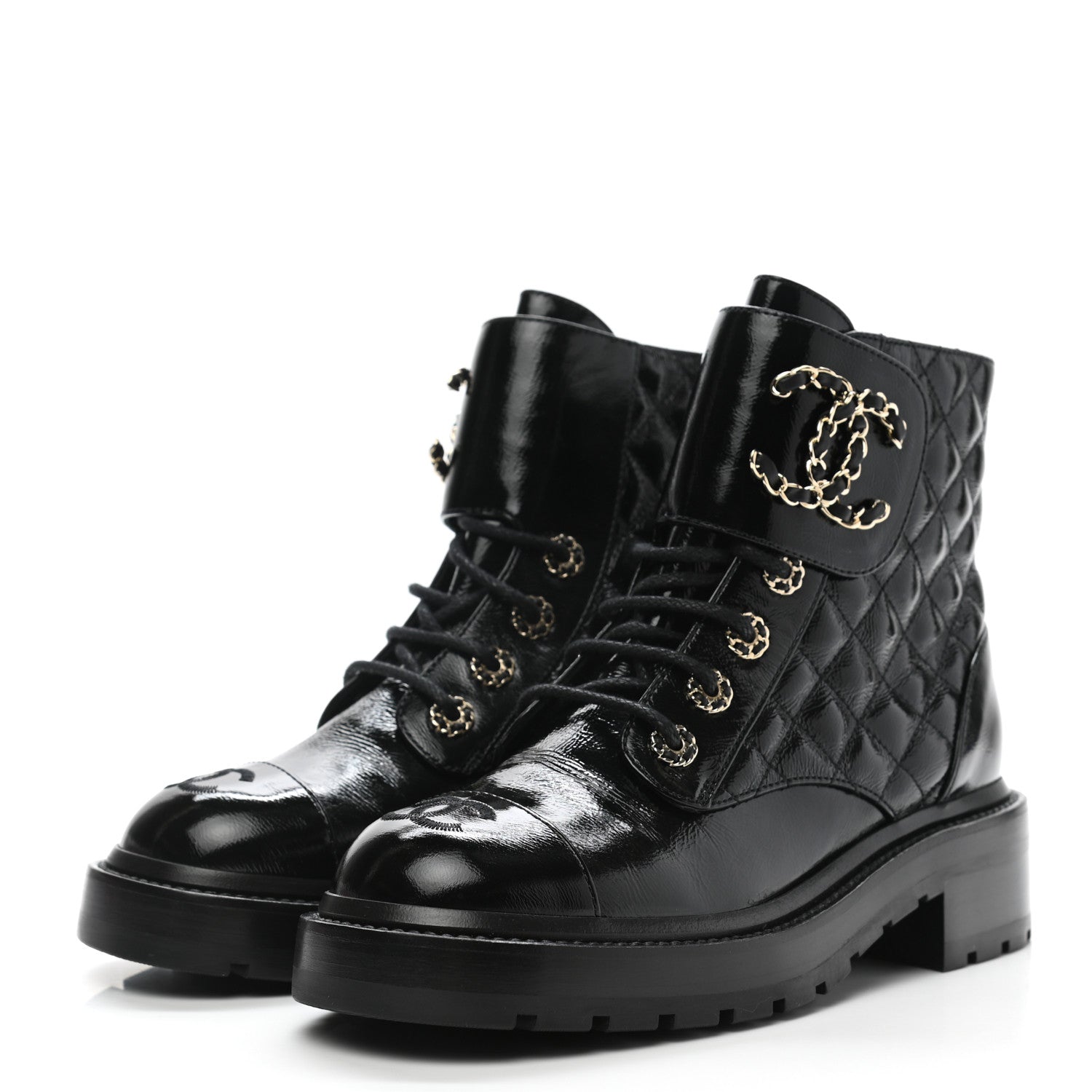 Chanel Shiny Calfskin Quilted Lace Up Combat Boots 36.5 Black 3 of 9