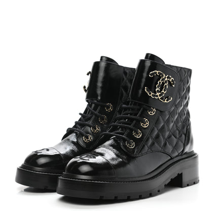 Chanel Shiny Calfskin Quilted Lace Up Combat Boots 36.5 Black 3 of 9