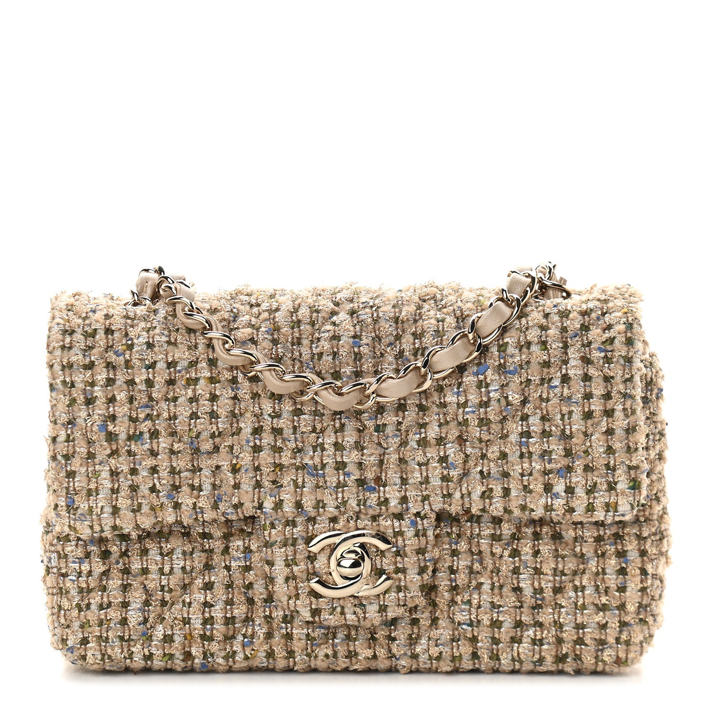 Tweed Quilted Mini Rectangular Flap Beige