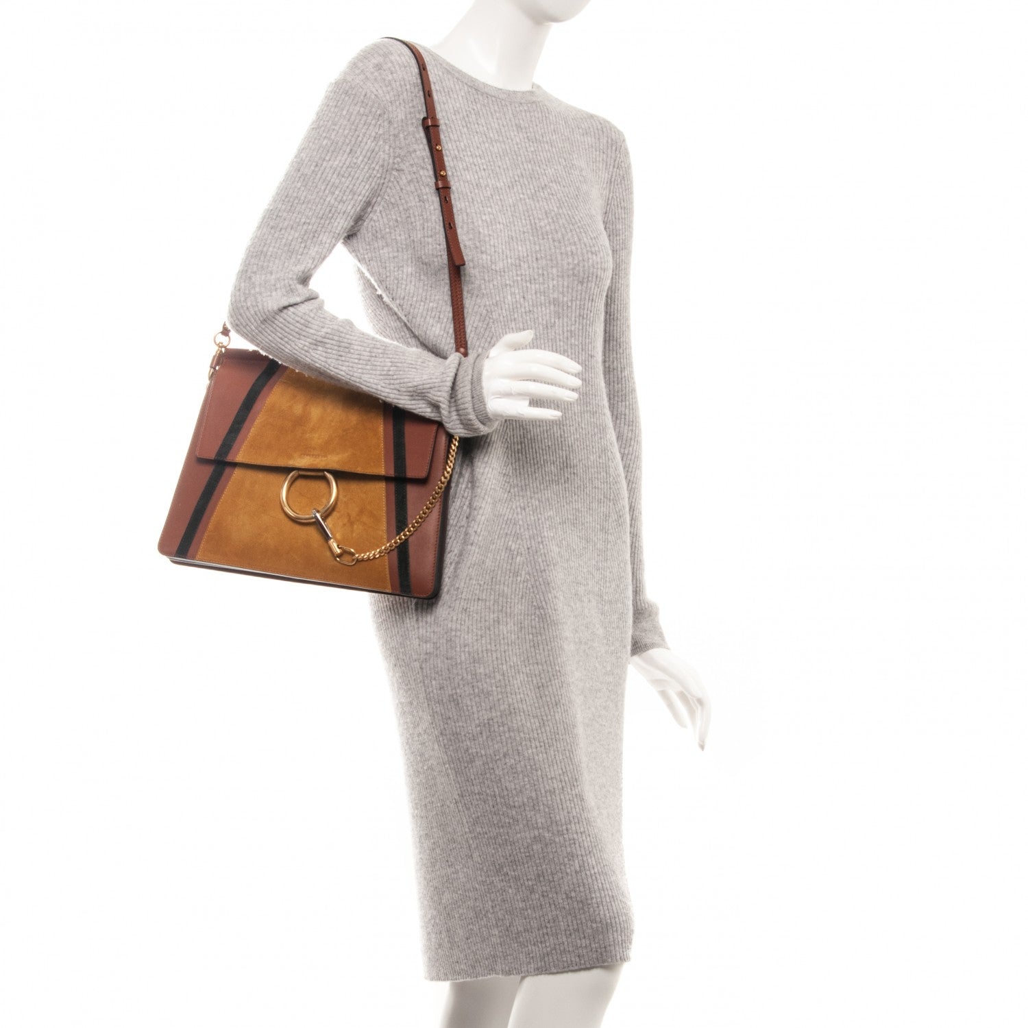 Chloe Suede Calfskin Patchwork Medium Faye Shoulder Bag Tobacco 2 of 9