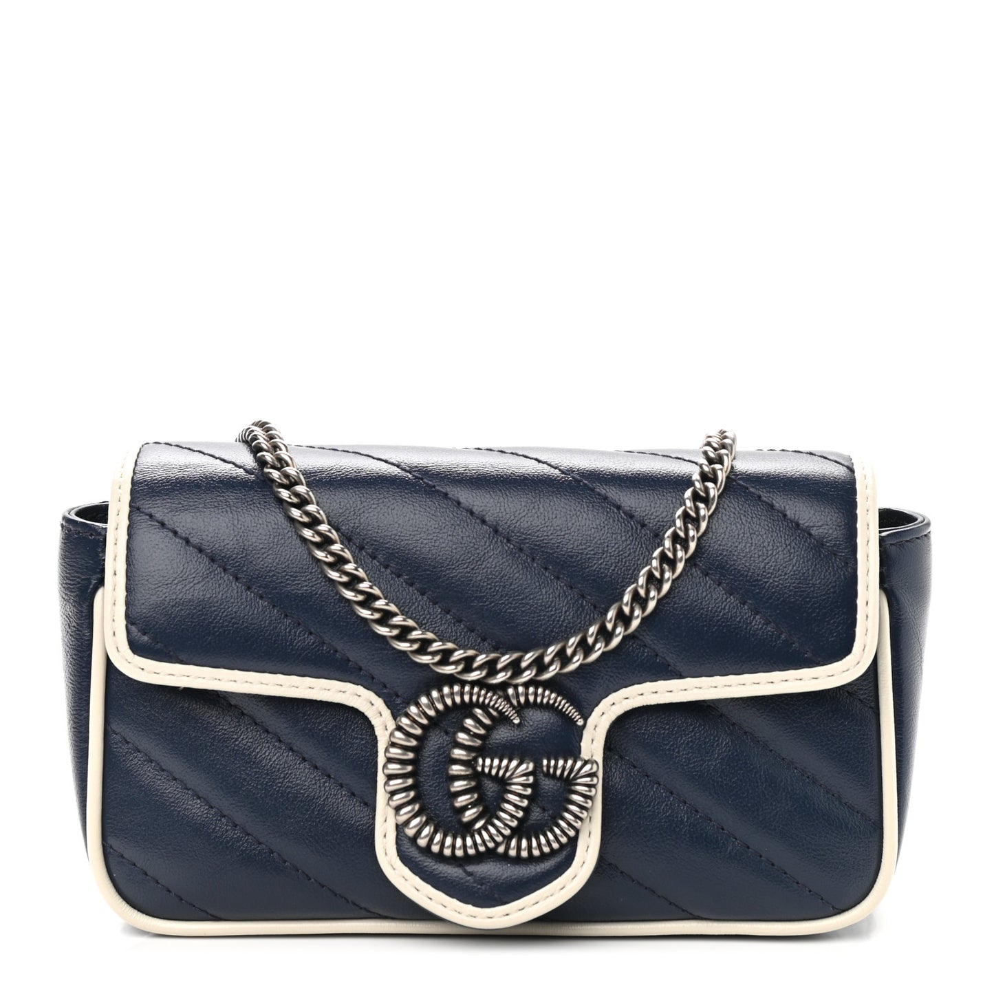 Vintage Effect Calfskin Matelasse Diagonal Super Mini Torchon GG Marmont Shoulder Bag Blue Agata Mystic White