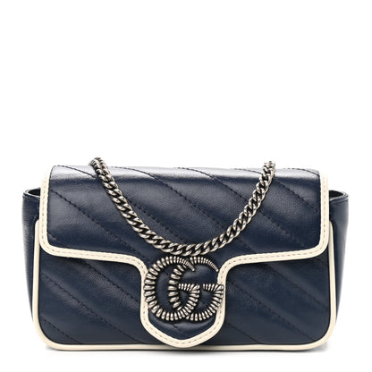 Gucci Vintage Effect Calfskin Matelasse Diagonal Super Mini Torchon GG Marmont Shoulder Bag Blue Agata Mystic White 1 of 9