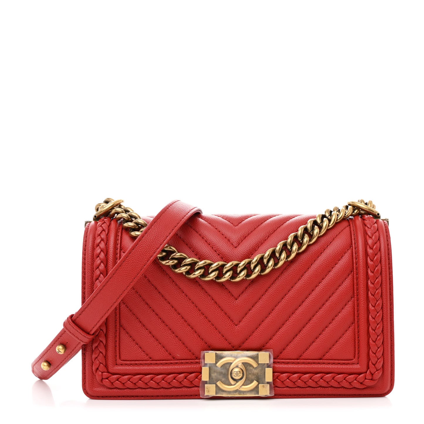 Caviar Chevron Quilted Braided Medium Boy Flap Red