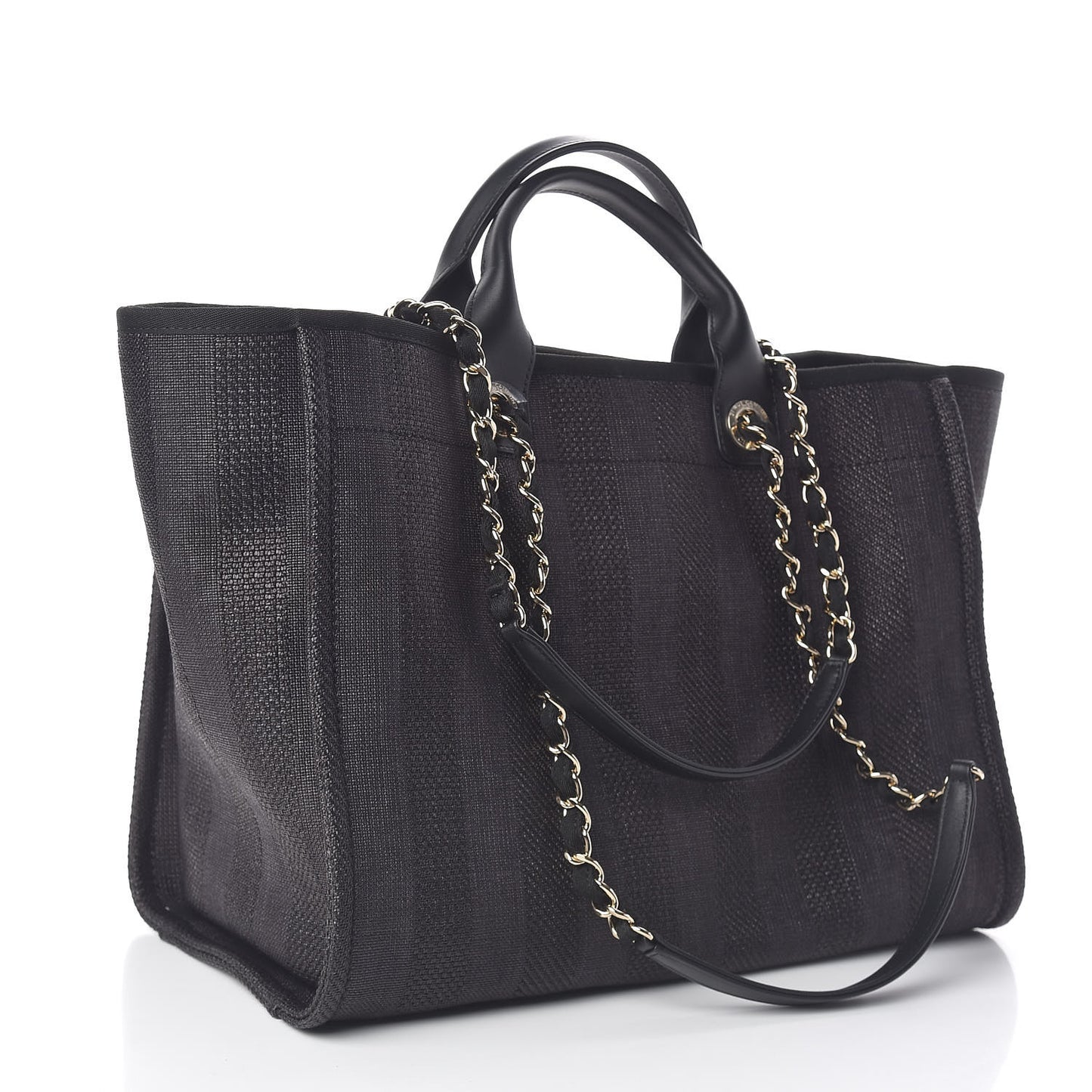 Woven Straw Raffia Striped Large Deauville Tote Black