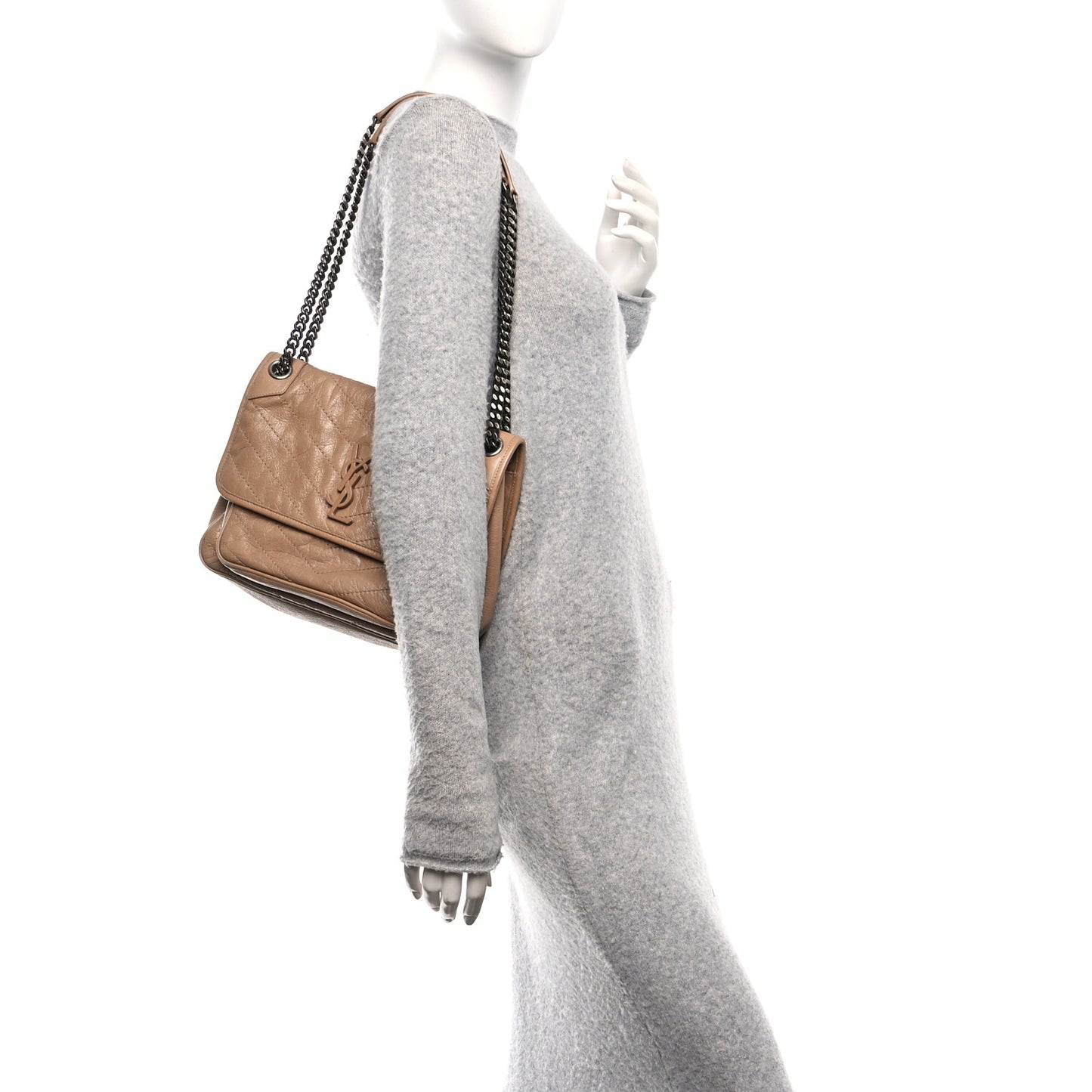 Crinkled Calfskin Matelasse Monogram Medium Niki Chain Satchel Light Taupe