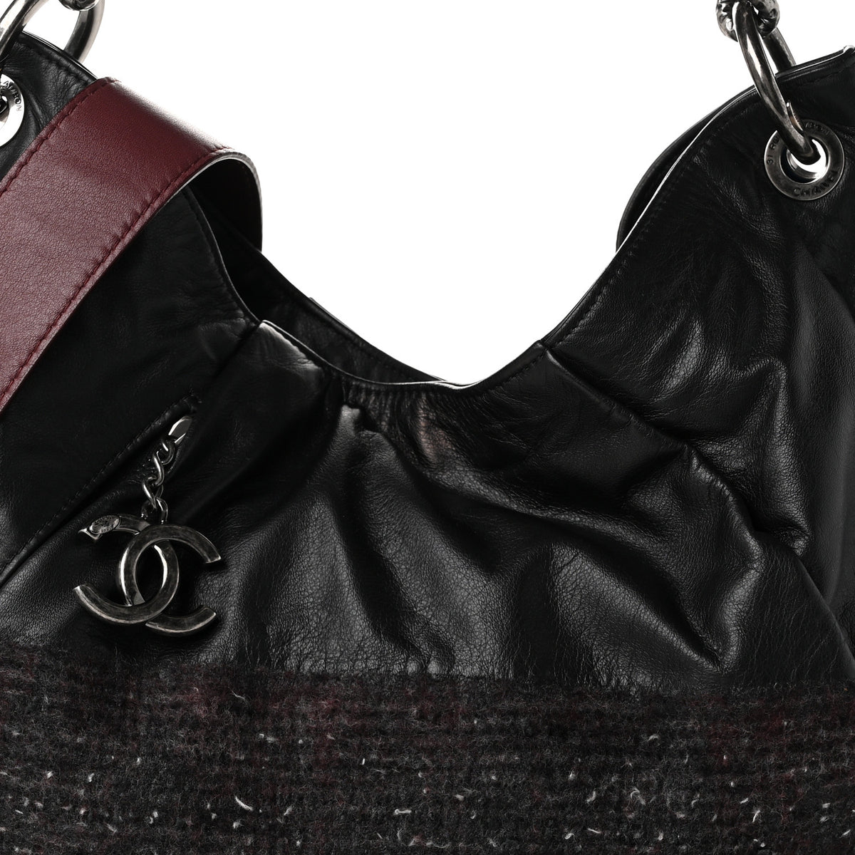 Chanel Calfskin Tweed Coco Pleats Hobo Black Burgundy 8 of 10
