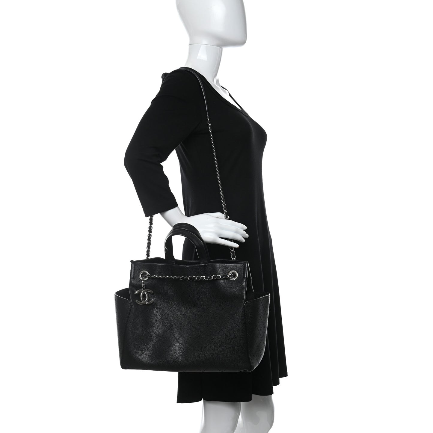 Grained Calfskin Medium CC Pocket Tote Black