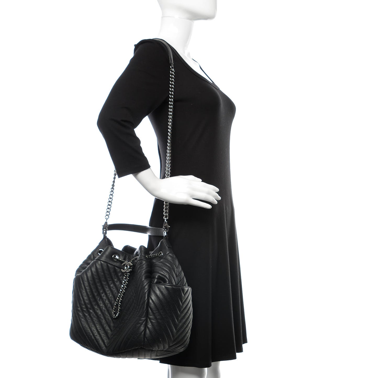 Deerskin Chevron Large CC Chain Bucket Drawstring Bag Black