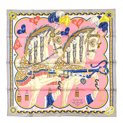 Hermes Silk Harnais De Cour Scarf 90 Gris Perle Rose Bonbon Bleu 1 of 3