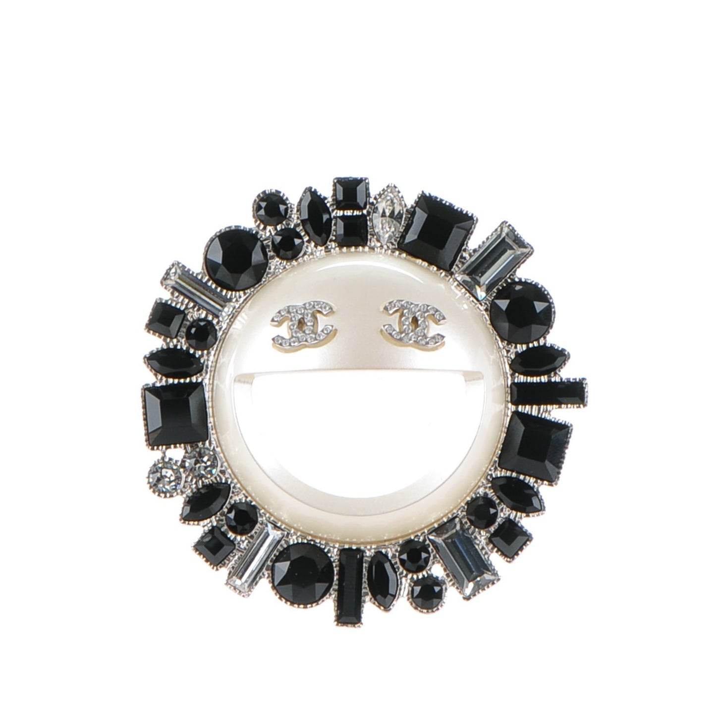 Crystal CC Smiley Emoji Brooch Silver