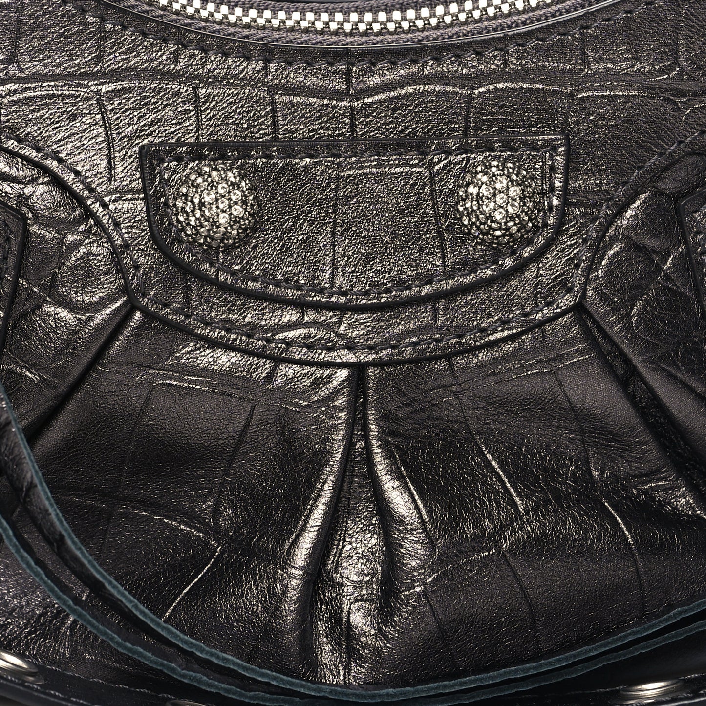 Extra Supple Calfskin Crystal Crocodile Embossed Le Cagole Shoulder Bag XS Gunmetal