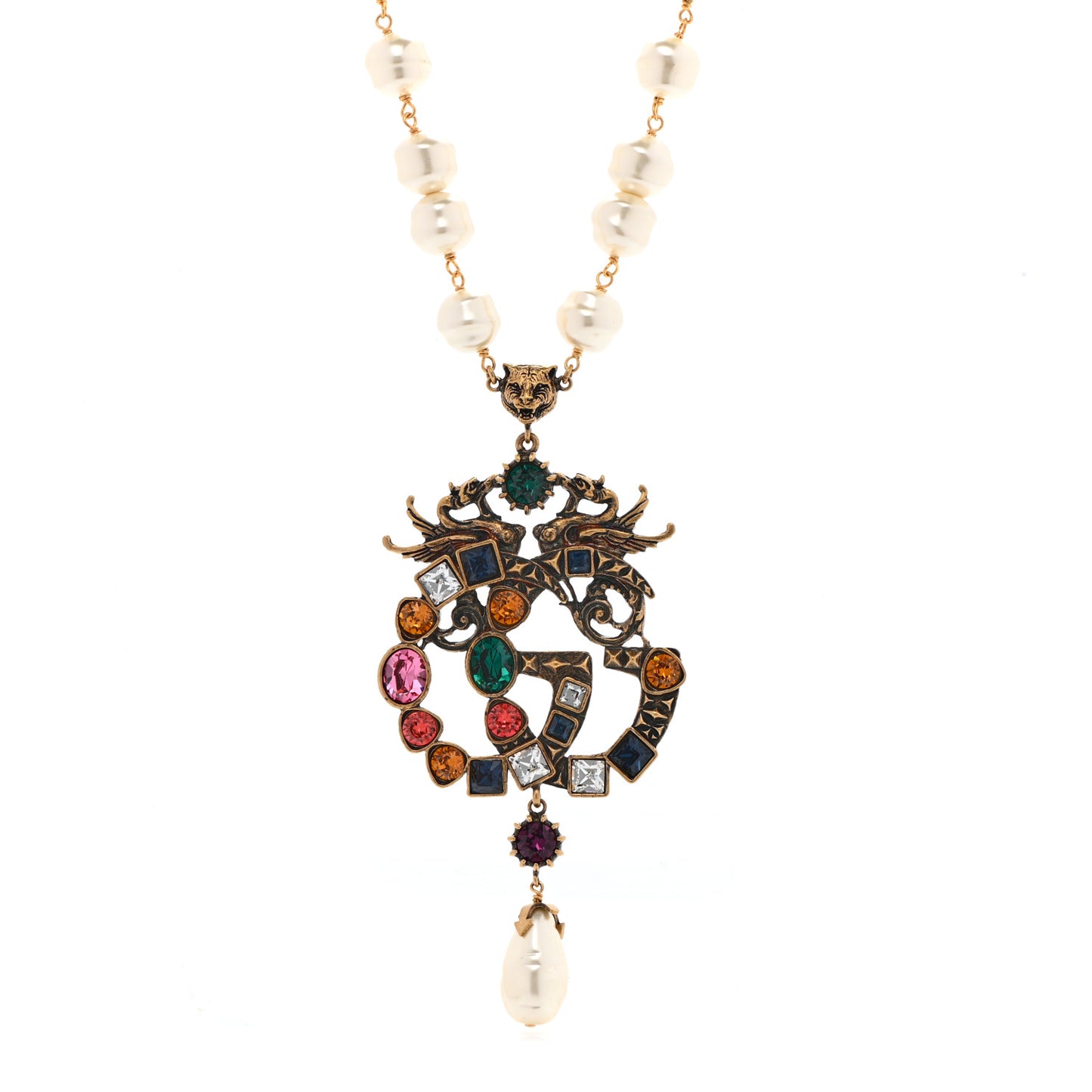 Crystal Pearl Marmont Dragon Necklace Aged Gold Multicolor