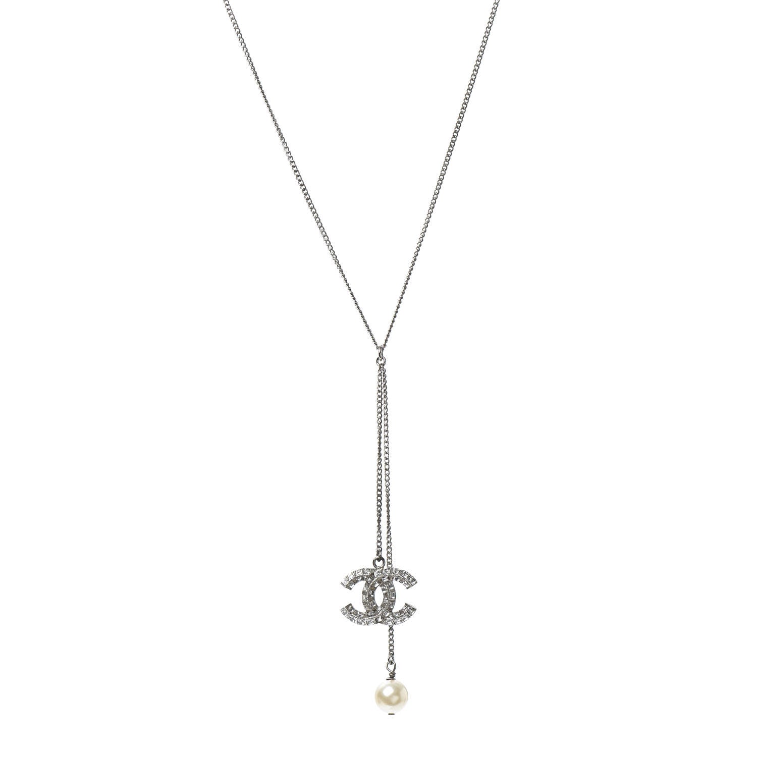 Chanel Baguette Crystal Pearl CC Lariat Necklace Silver 1 of 4