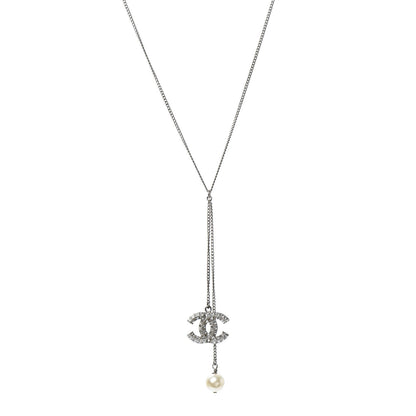 Chanel Baguette Crystal Pearl CC Lariat Necklace Silver 1 of 4