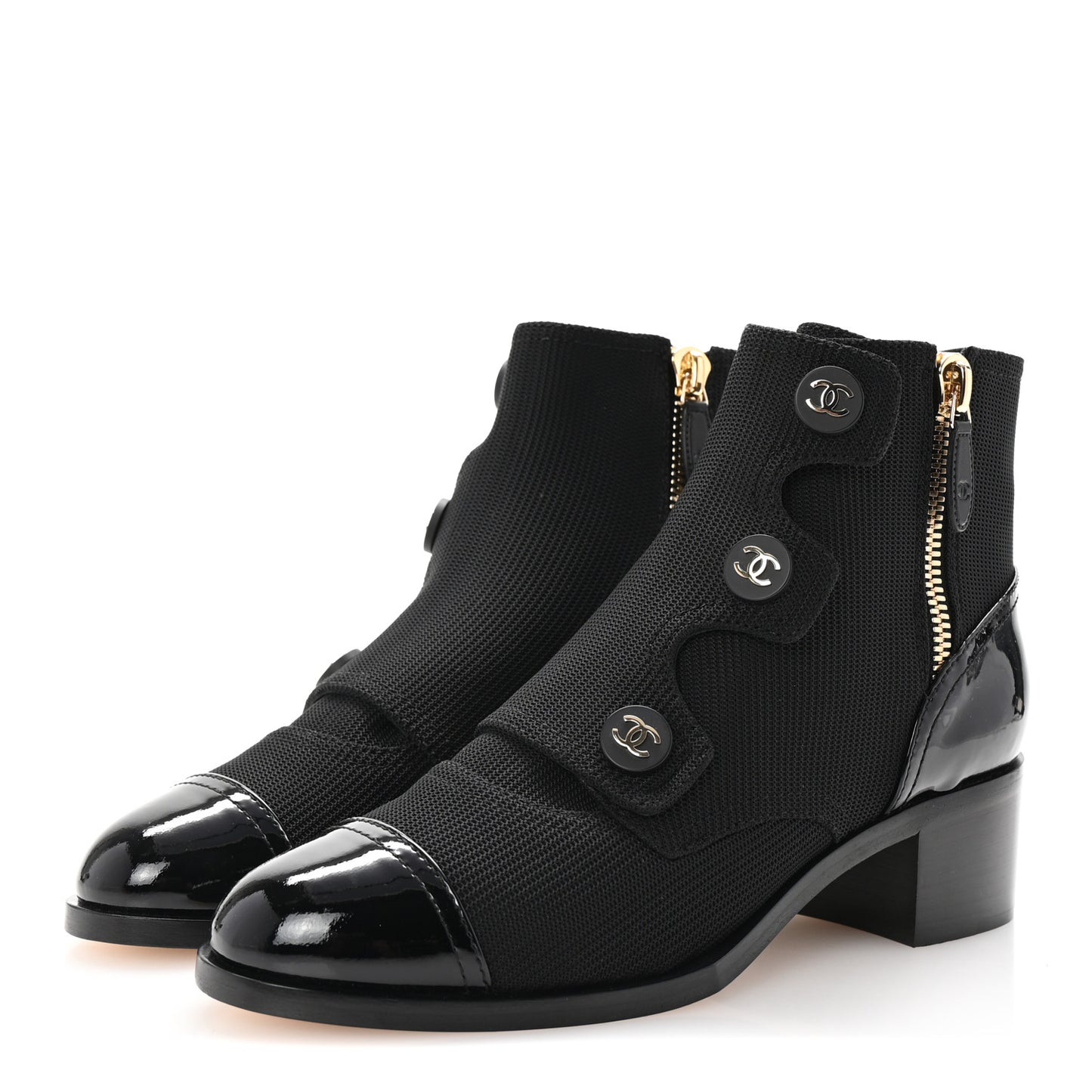 Knit Patent Calfskin Cap Toe Short Boots 38 Black