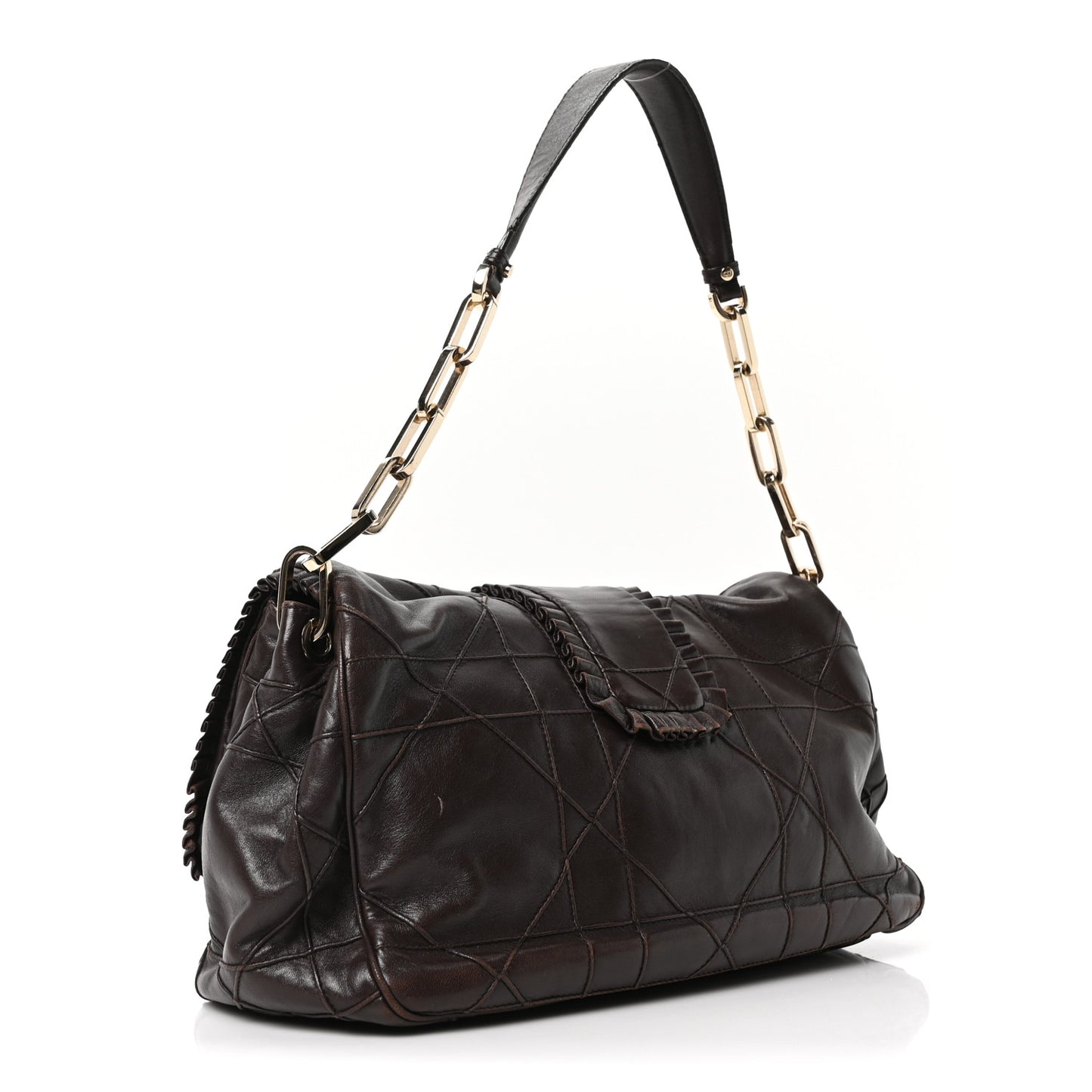 Lambskin Cannage Ruffle New Lock Flap Dark Brown