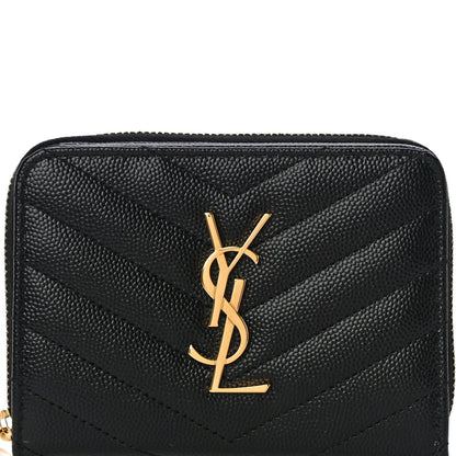 Saint Laurent Grain De Poudre Matelasse Chevron Monogram Compact Zip Around Wallet Black 8 of 11