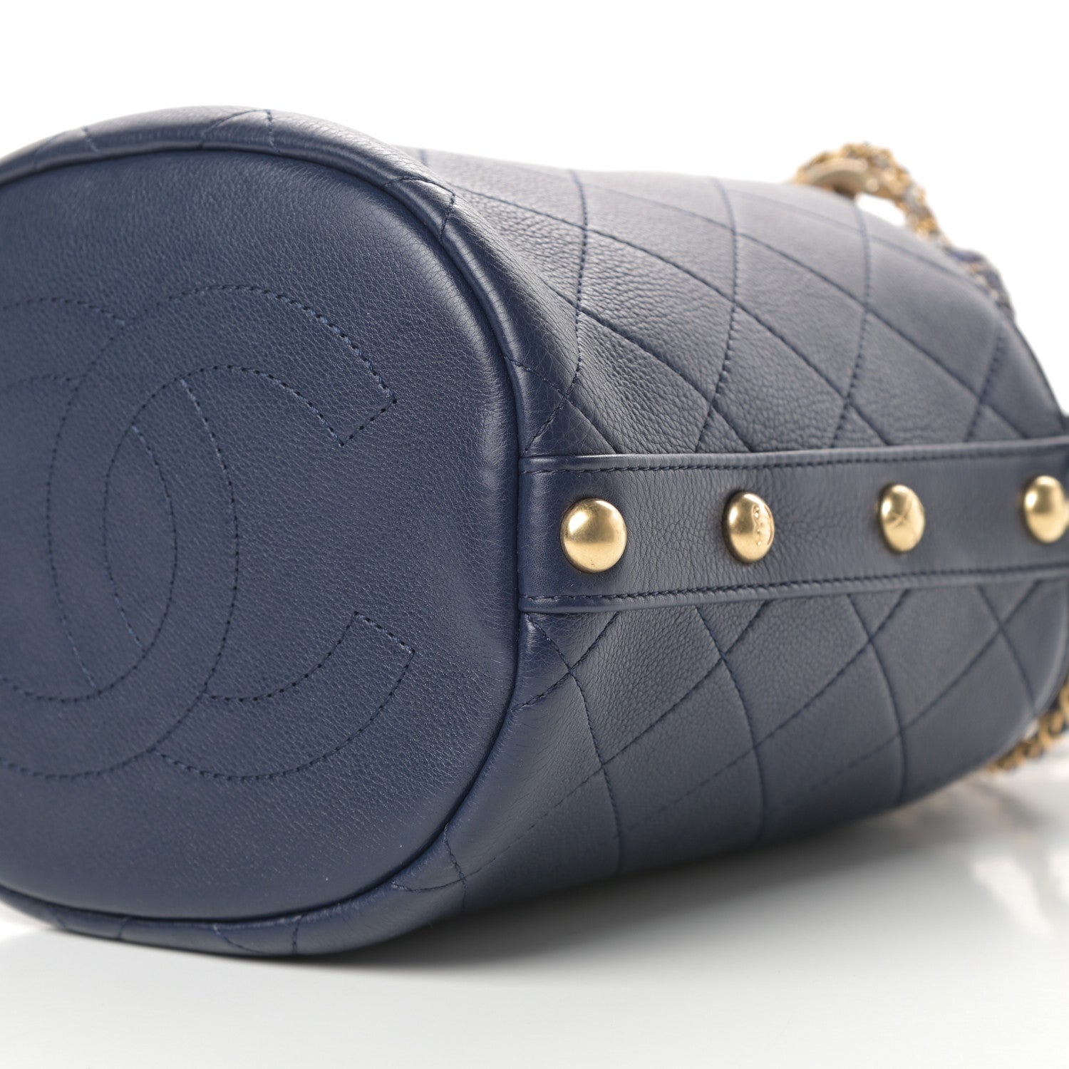 Chanel Calfskin Tweed Medium CC Chain Bucket Drawstring Bag Navy Blue Multicolor 10 of 10