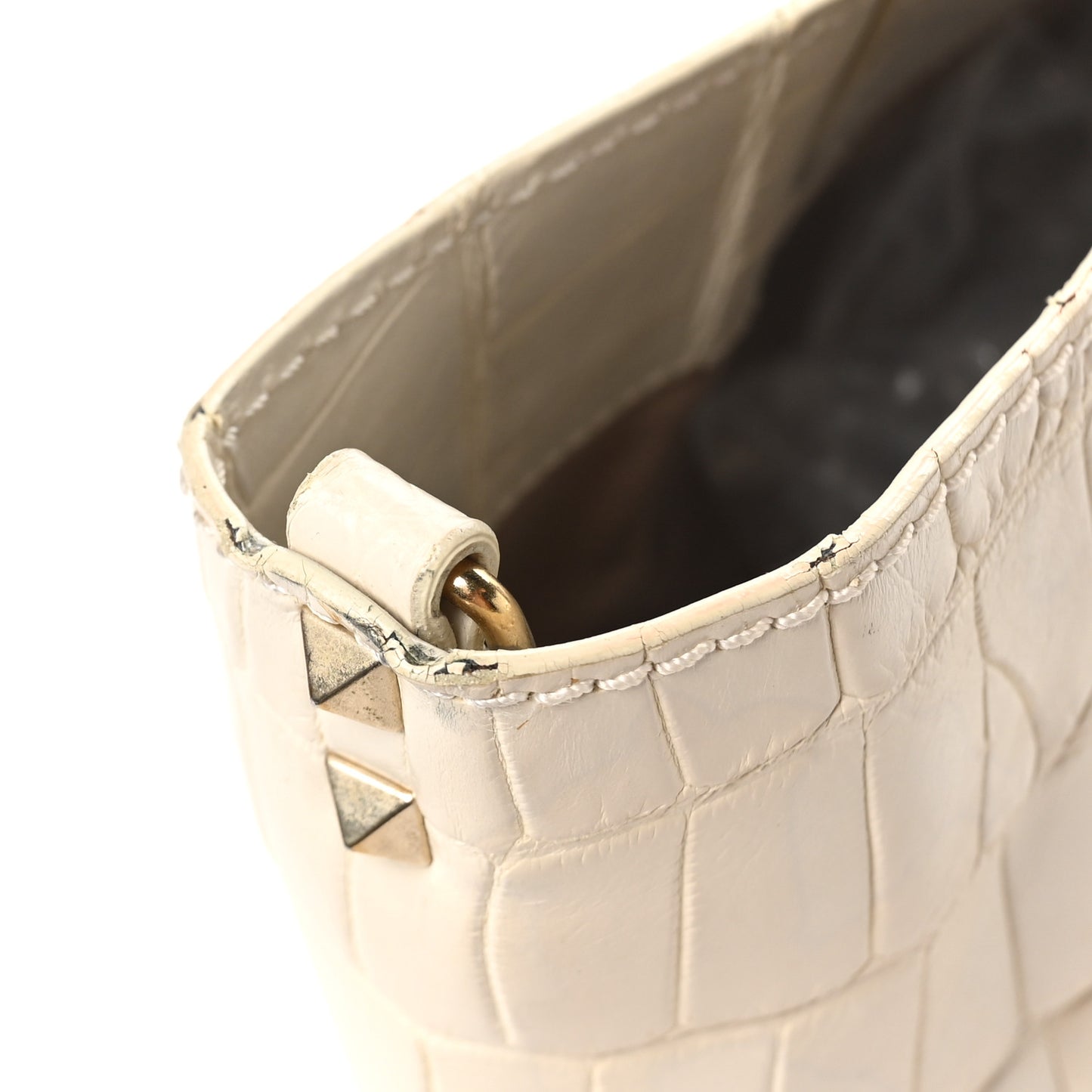 Calfskin Crocodile Embossed Medium Rockstud Tote Ivory