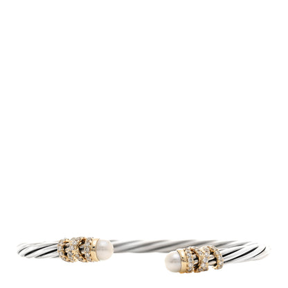 David Yurman Sterling Silver 18K Yellow Gold Diamond Pearl 4mm Helena Cuff Bracelet 1 of 4