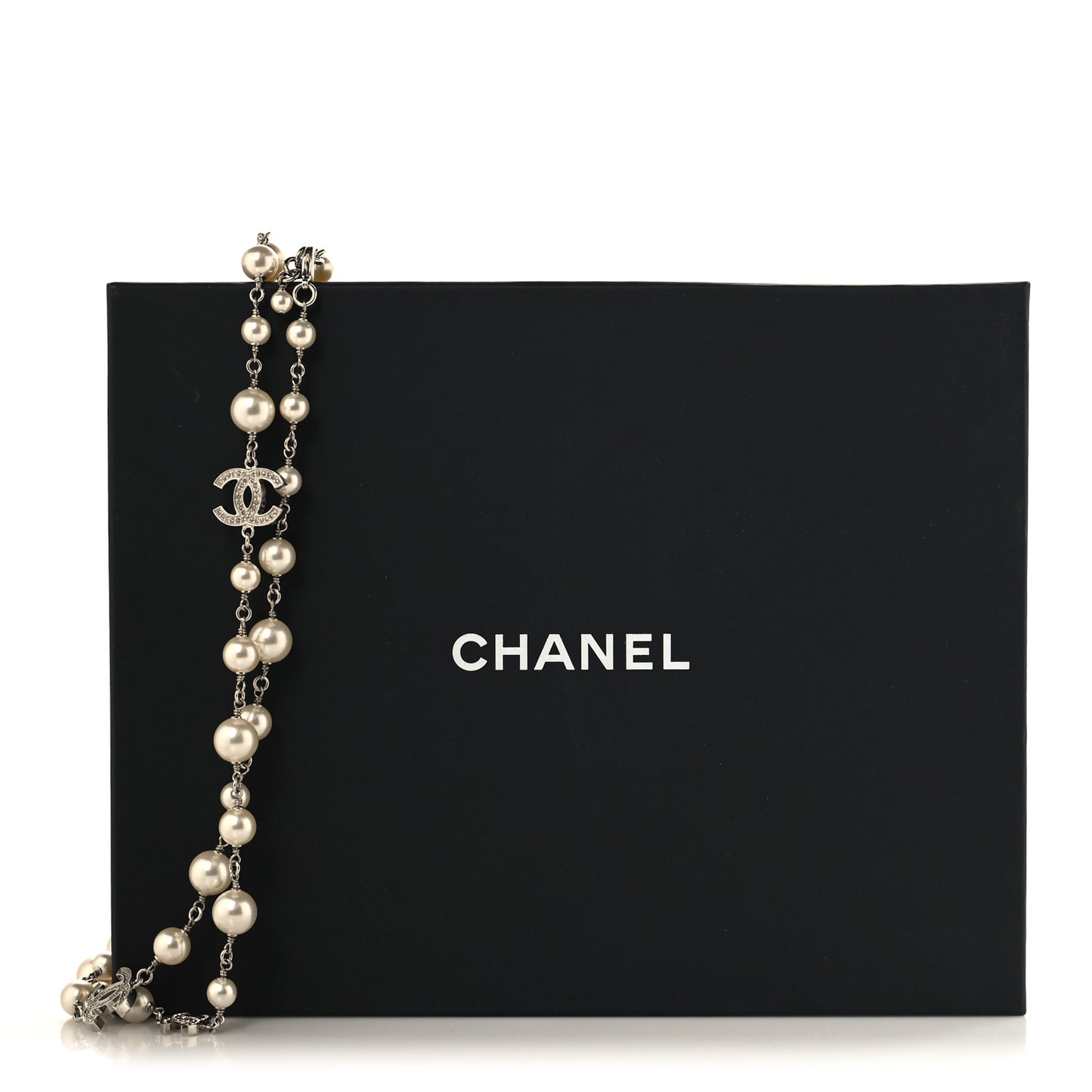 Graduated Pearl Crystal CC Long Necklace Silver