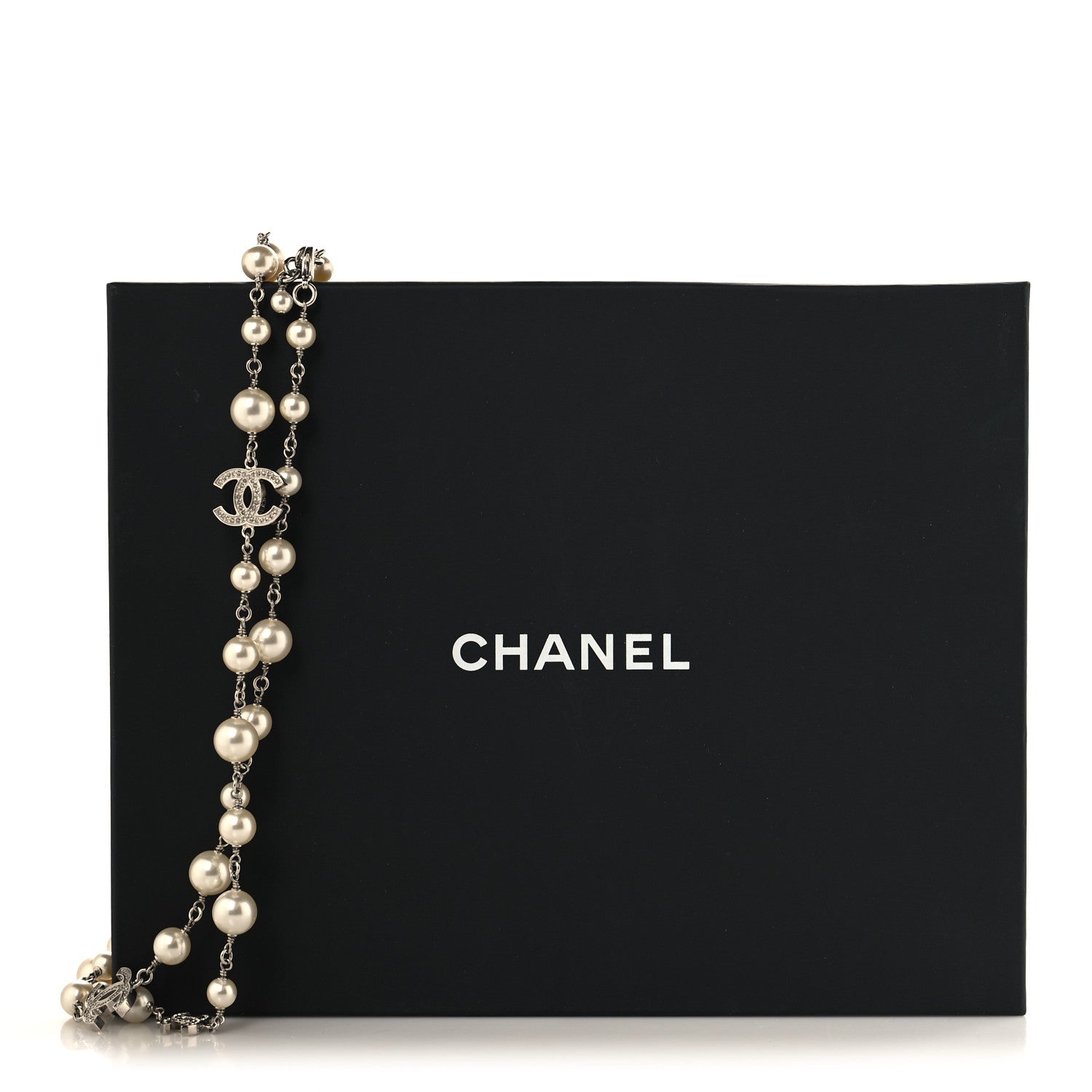 Chanel Graduated Pearl Crystal CC Long Necklace Silver 5 of 5