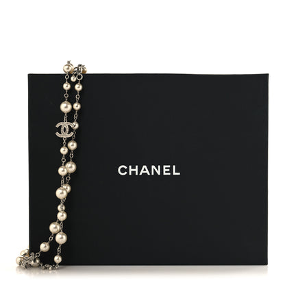 Chanel Graduated Pearl Crystal CC Long Necklace Silver 5 of 5