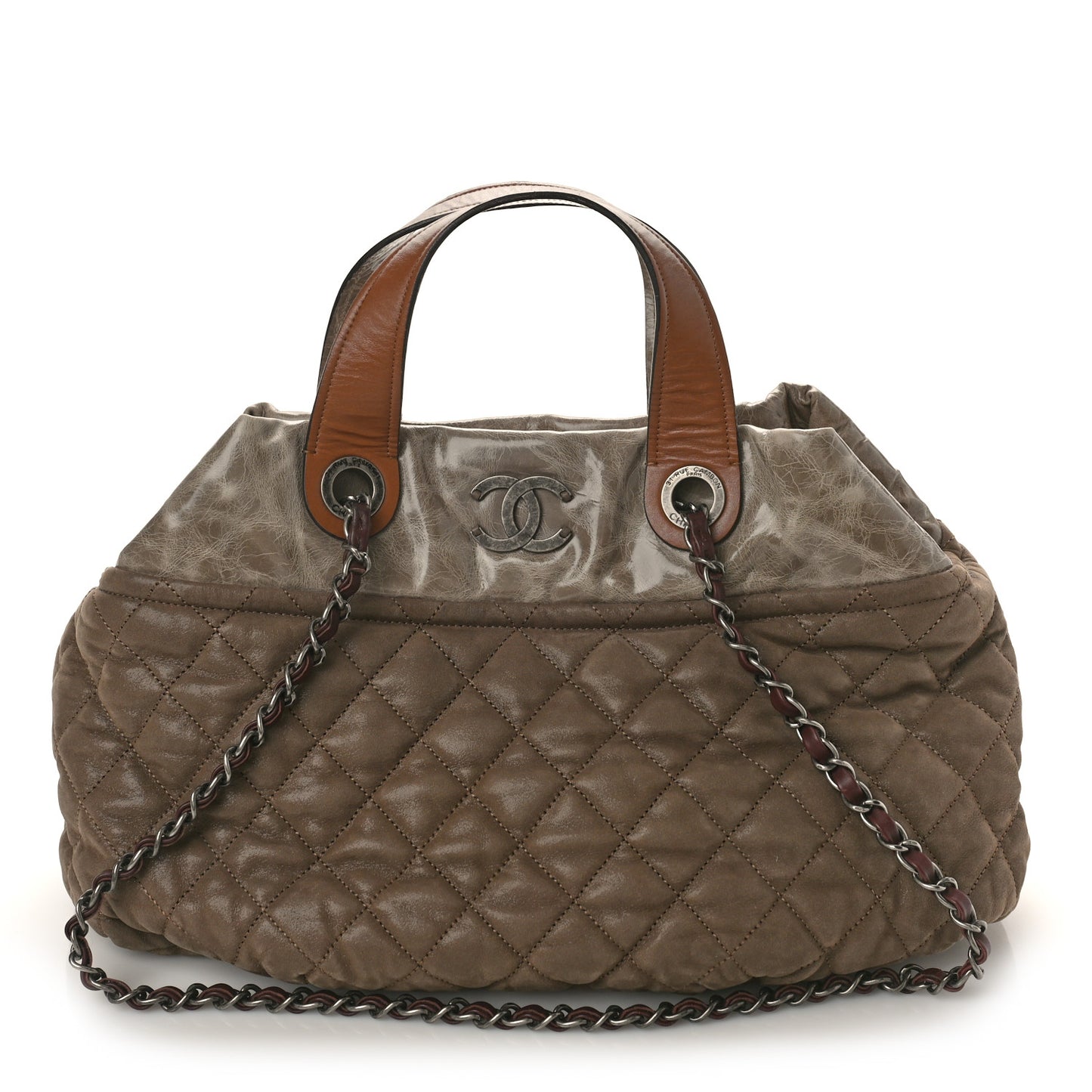Iridescent Calfskin Quilted Small In The Mix Tote Khaki