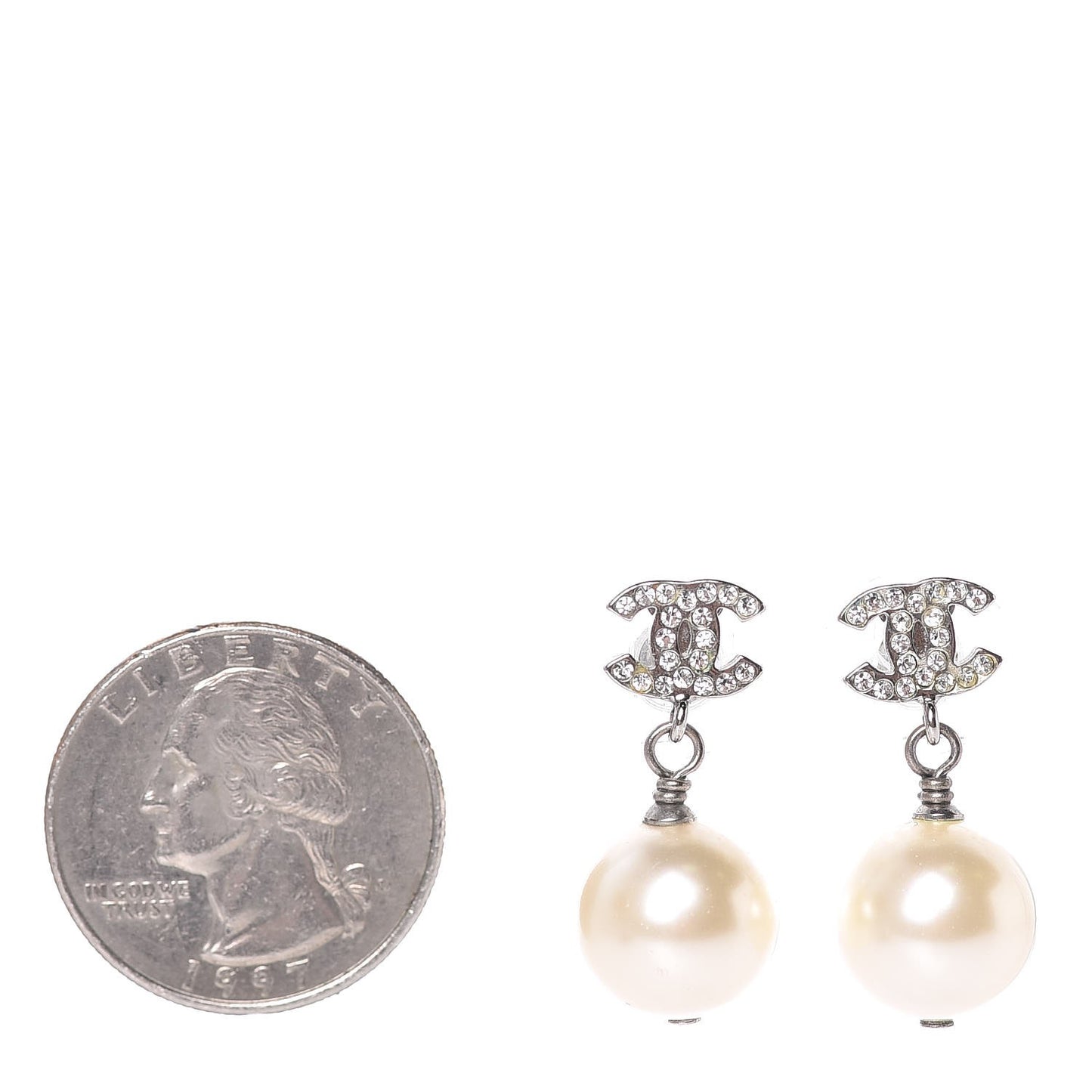 Crystal Pearl CC Drop Earrings Silver
