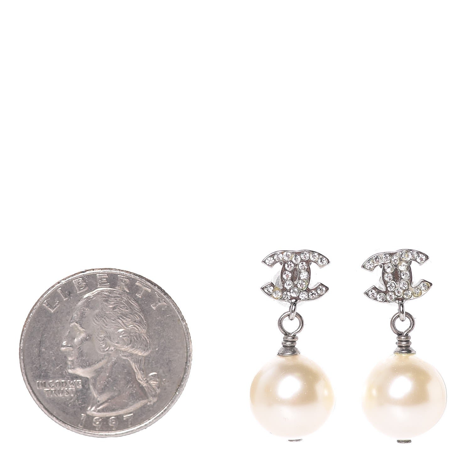 Chanel Crystal Pearl CC Drop Earrings Silver 2 of 4