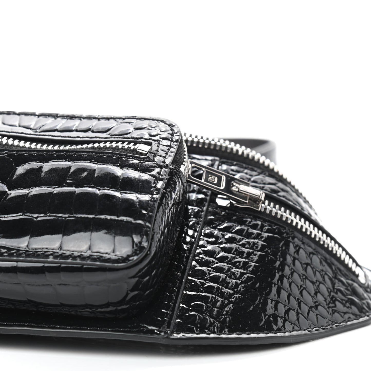 Crocodile Embossed Patent Mini Top Handle Attica Belt Bag Black