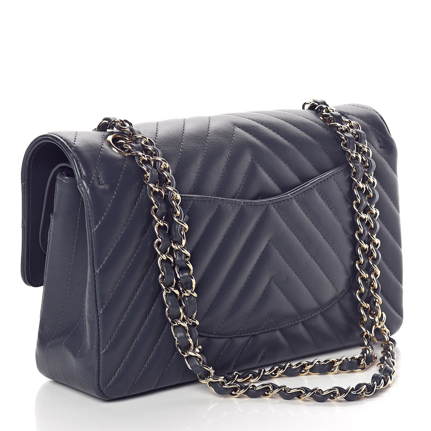 Lambskin Chevron Quilted Medium Double Flap Navy Blue