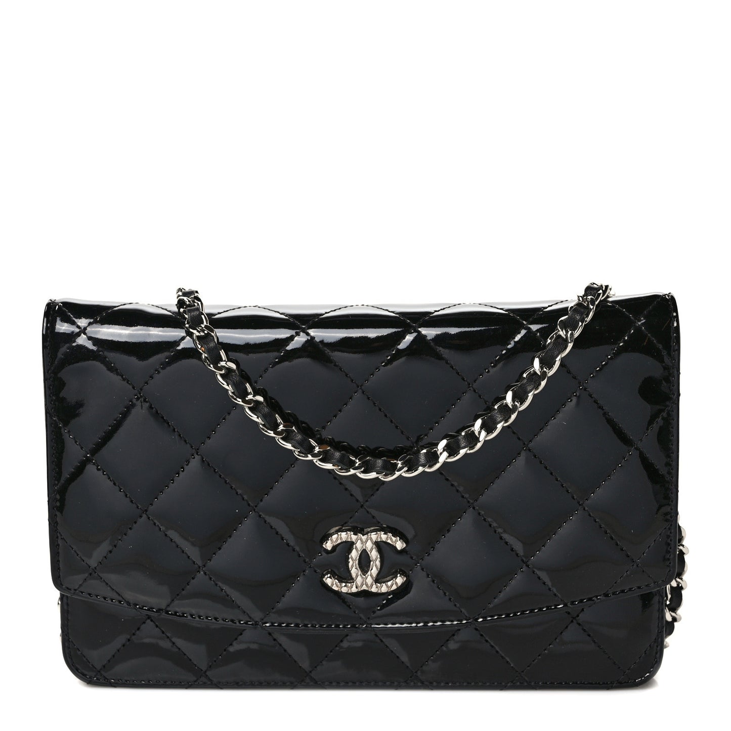 Patent Quilted Brilliant Wallet On Chain WOC Black
