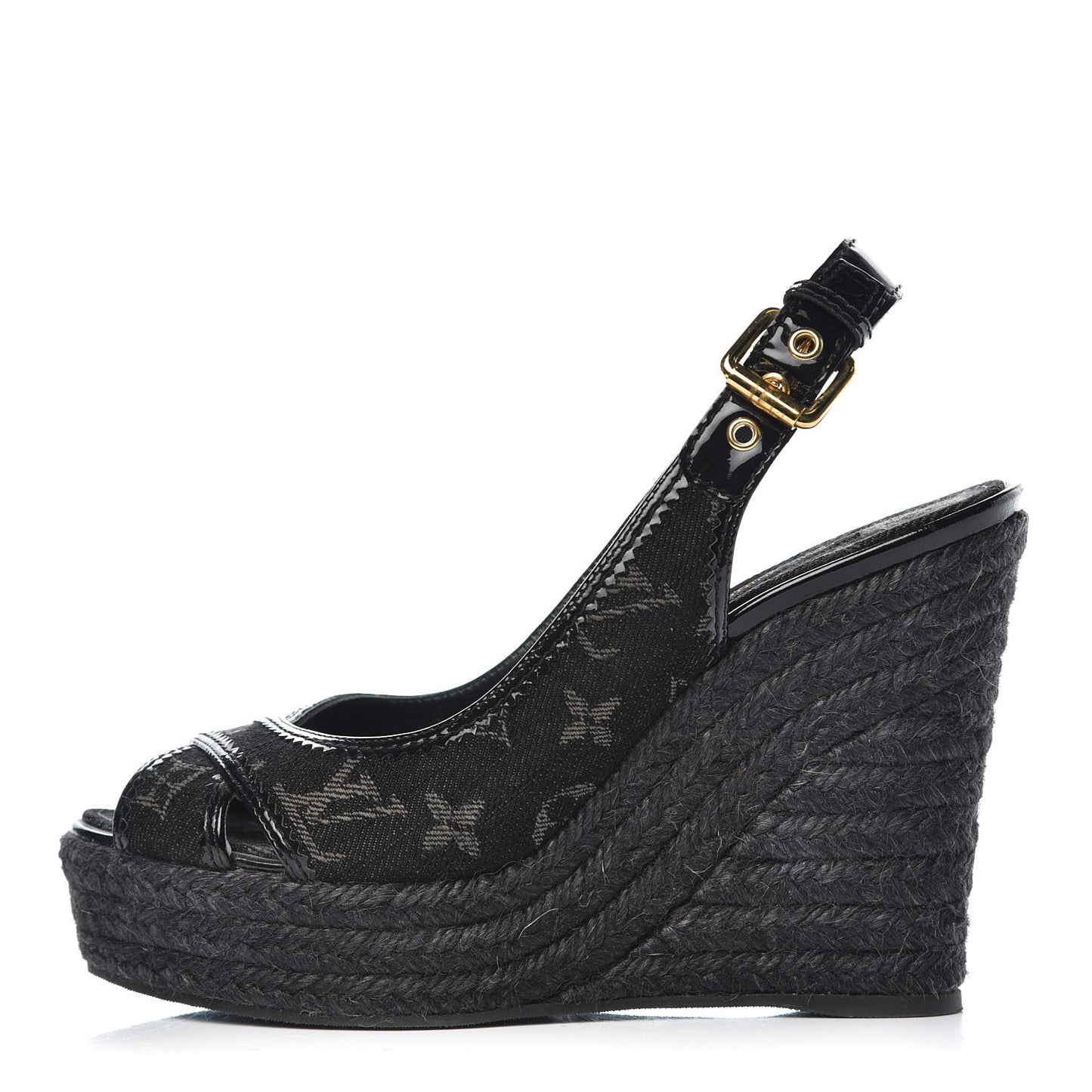 Denim Patent Espadrille Wedges 38 Black
