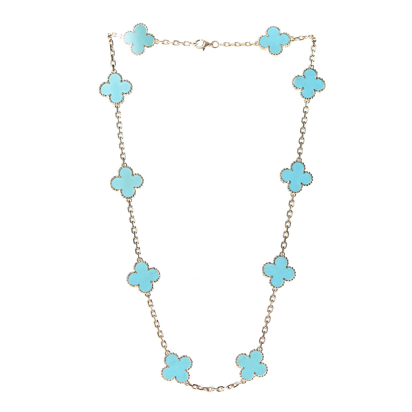 18K Yellow Gold Turquoise 10 Motifs Vintage Alhambra Necklace