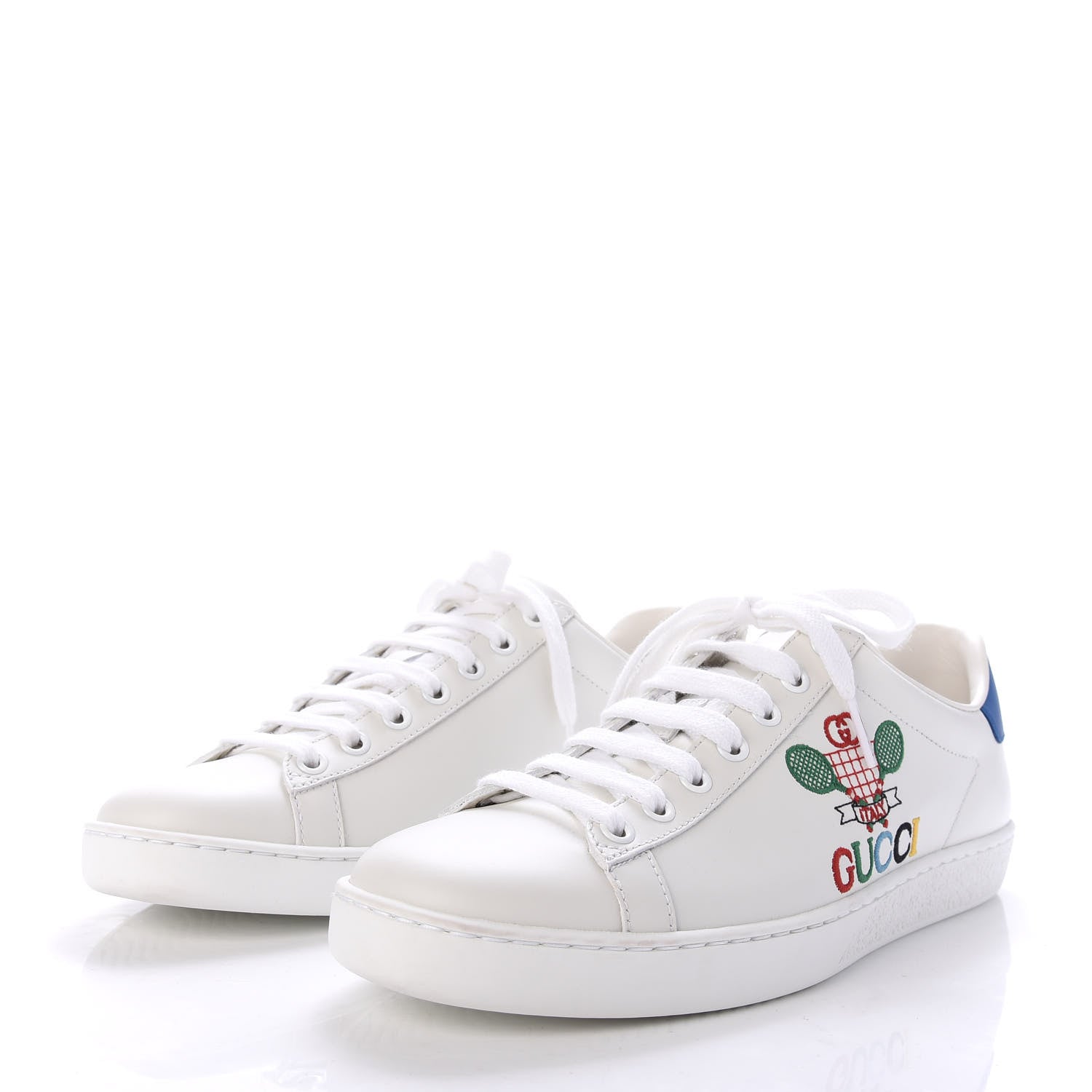 Gucci Calfskin Miro Soft Tennis Embroidered Womens Ace Sneakers 37.5 White Rio Blue 3 of 9