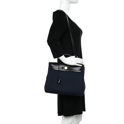 Hermes Military Toile Vache Hunter Herbag Zip Retourne 31 PM Bleu Marine Black 2 of 12