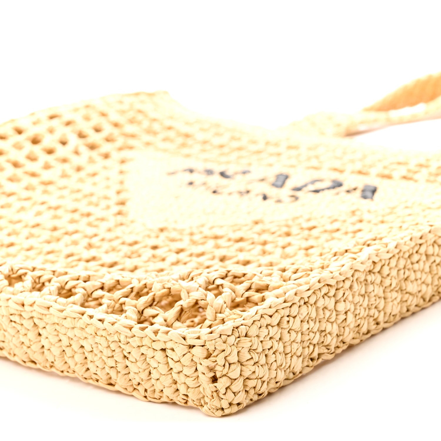Prada Yarn Raffia Effect Crochet Logo Embroidered Tote Bag Naturale 9 of 9