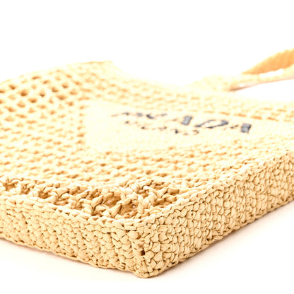 Prada Yarn Raffia Effect Crochet Logo Embroidered Tote Bag Naturale 9 of 9