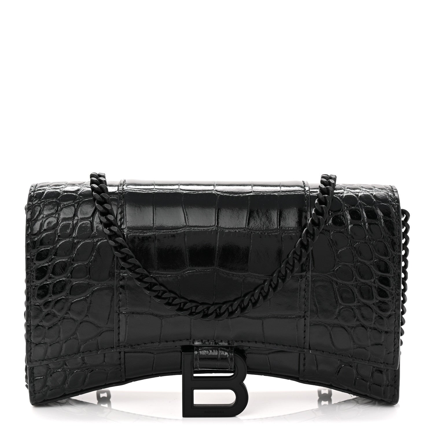 Balenciaga Shiny Calfskin Monochrome Crocodile Embossed Hourglass Chain Bag Black 1 of 9