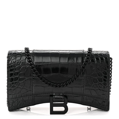 Balenciaga Shiny Calfskin Monochrome Crocodile Embossed Hourglass Chain Bag Black 1 of 9