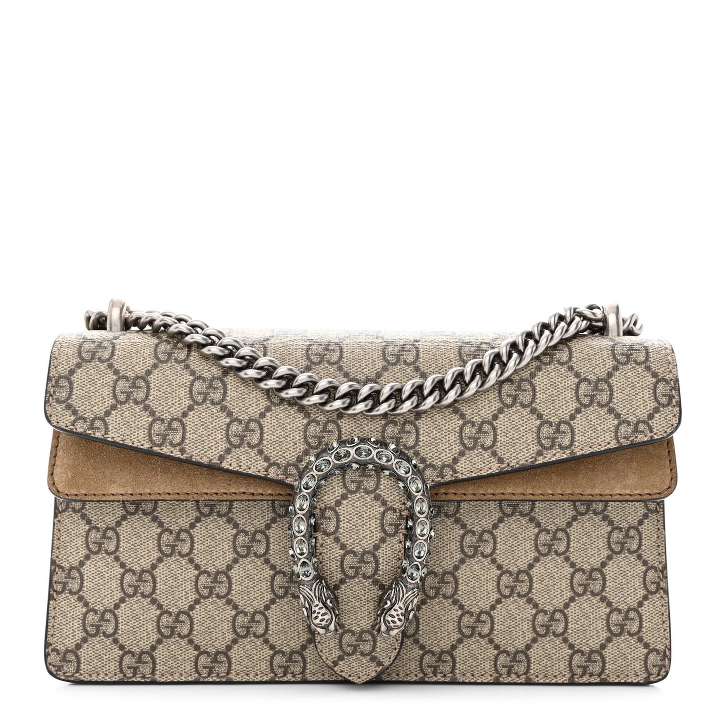 GG Supreme Monogram Suede Crystal Small Dionysus Shoulder Bag Beige Ebony Taupe