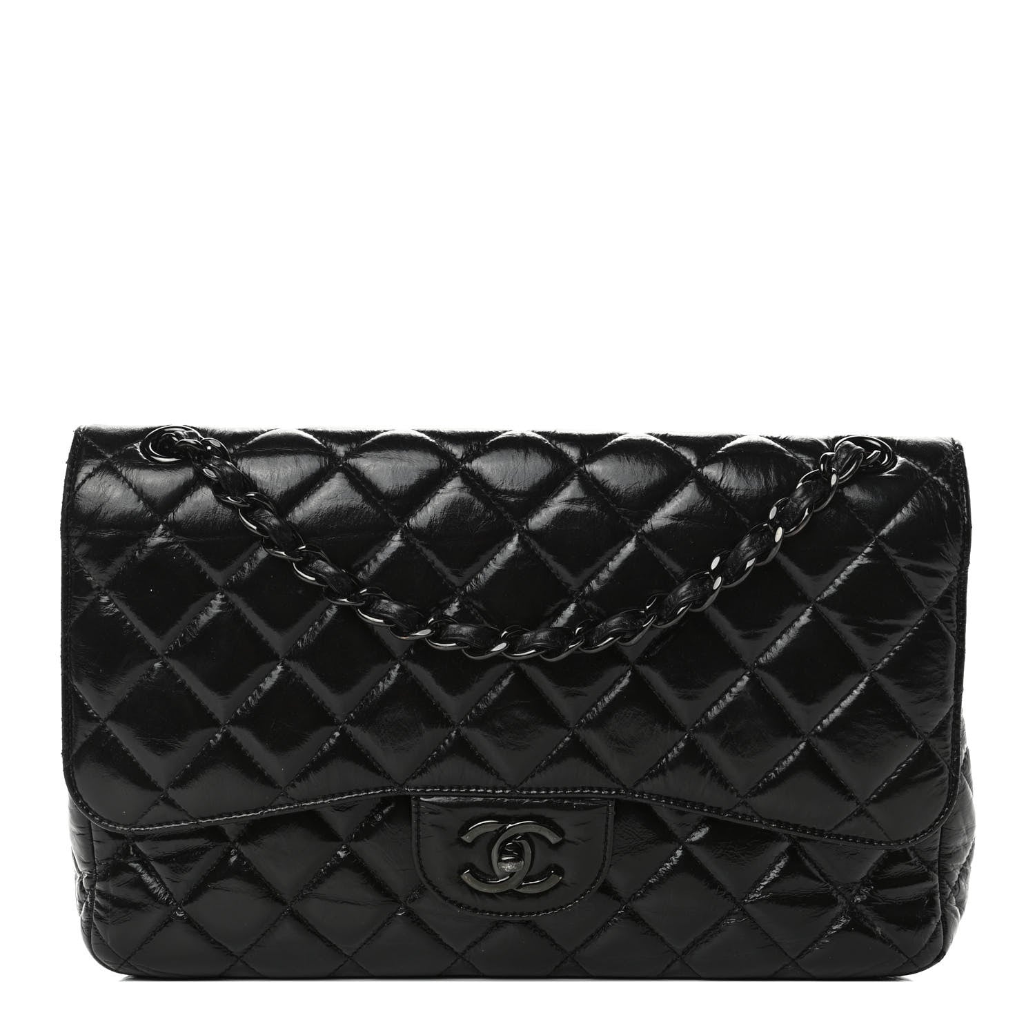 Chanel Shiny Distressed Calfskin Quilted Jumbo Double Flap So Black 1 of 7