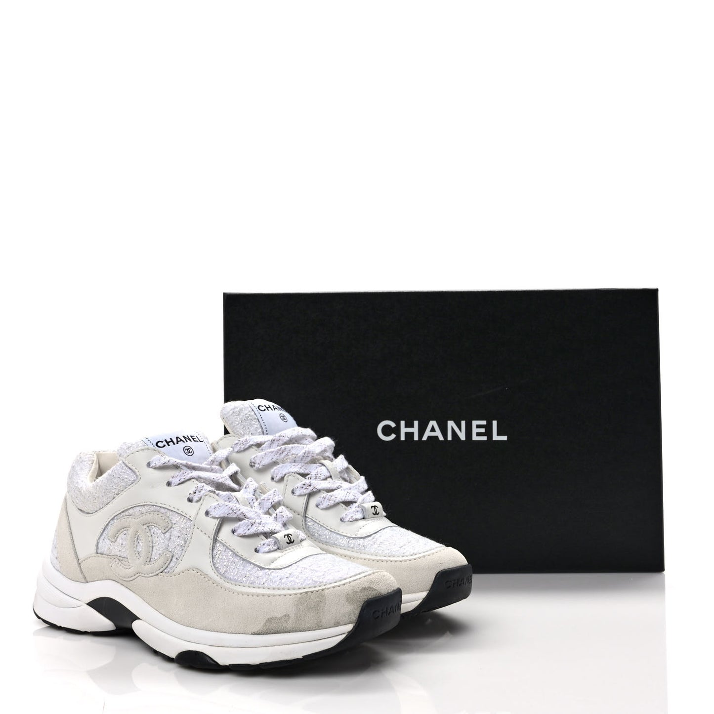 Painted Iridescent Cotton Tweed Suede Calfskin Womens CC Sneakers 38 White Silver Multicolor