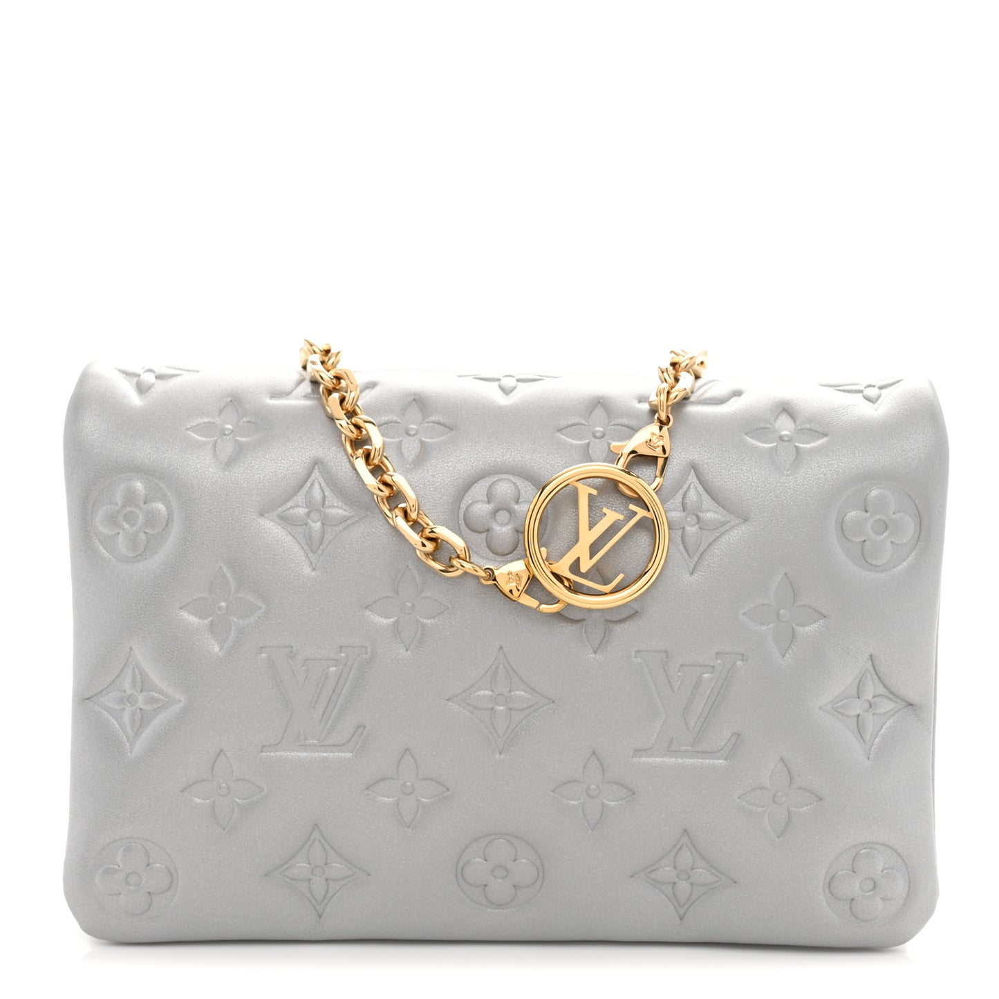 Metallic Lambskin Embossed Monogram Pochette Coussin Silver